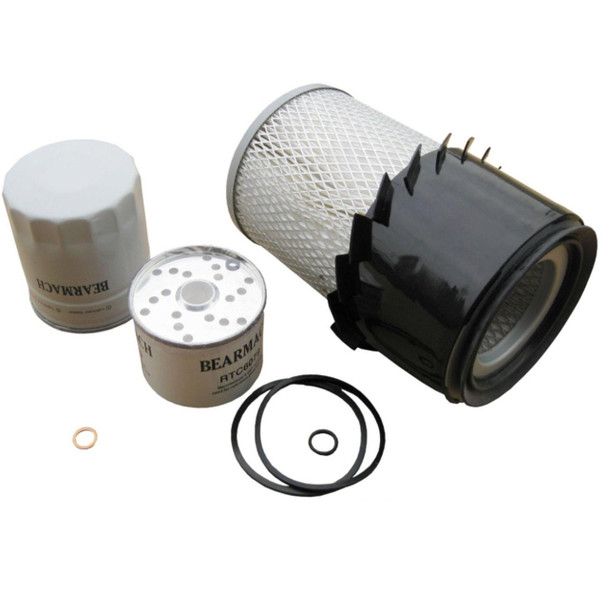 Direct Replacement Engine Service Filter Kit for Defender Turbo Diesel, includes air and oil filters with rubber O-rings and filter elements for engine maintenance.