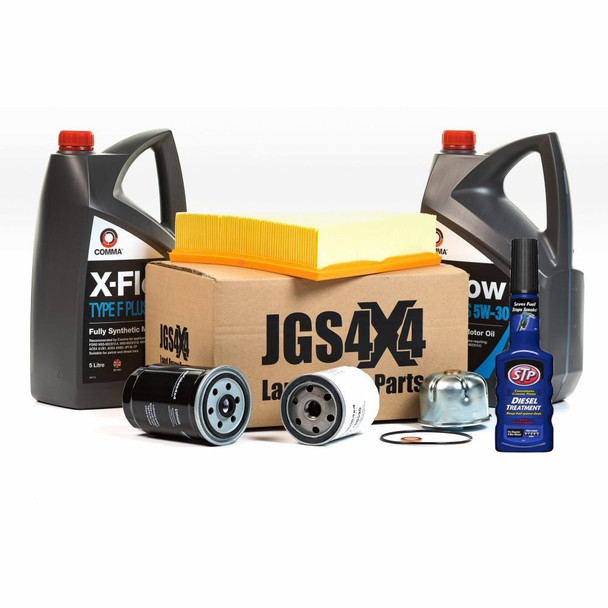 Product: Direct Replacement Engine Service Filter Kit for Discovery 2 Td5, image shows various engine oil filters, synthetic engine oil bottles, fuel treatment, and oil filter parts arranged around a cardboard box.