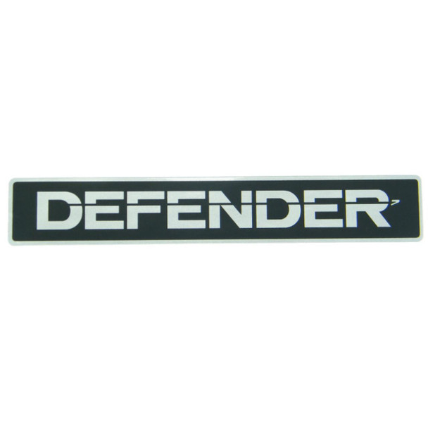 Genuine Land Rover Front Grill Panel Badge Decal Self Adhesive Genuine Land Rover Parts for Defender, black and white badge decal with the word 'DEFENDER' in bold uppercase letters. Genuine Land Rover Front Grill Panel Badge Decal Self Adhesive Genuine Land Rover Parts for Defender, black and white badge decal with the word 'DEFENDER' in bold uppercase letters.