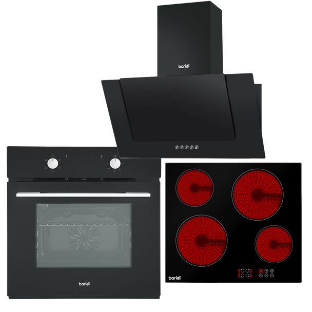 Baridi Integrated Ceramic Hob with 4 Cooking Zones, Integrated Fan-Assisted Electric Oven & Angled Chimney Cooker Hood with Carbon Filters & LED Lamp