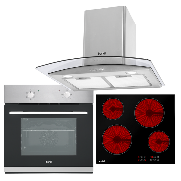 Baridi Integrated Ceramic Hob with 4 Cooking Zones, Integrated Fan-Assisted Electric Oven & Curved Glass Cooker Hood with Carbon Filters & LED Lights