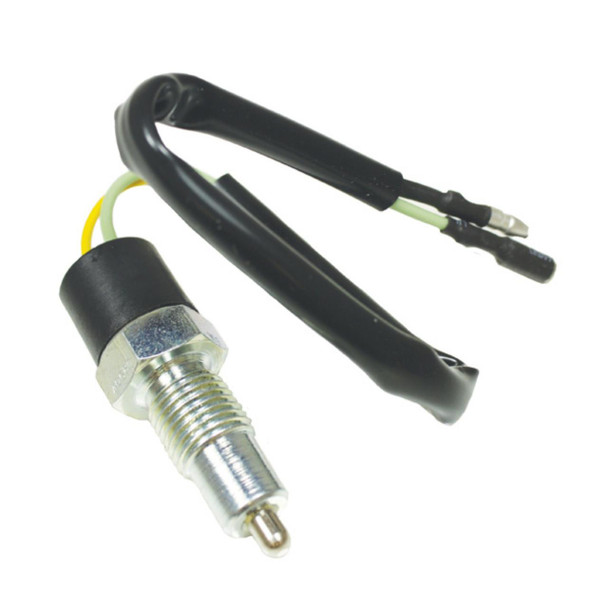 Direct Replacement Reverse Light Switch For Manual Transmission, a black electrical switch with wiring and metal connector for vehicle reverse lights.