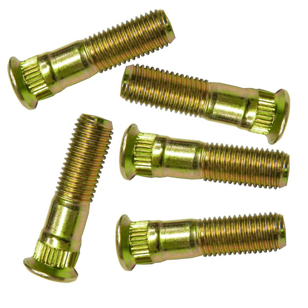 Direct Replacement Wheel Stud x5 Front Or Rear Hub for Freelander 1, image of five gold-coloured wheel studs with threaded ends and knurled heads. Direct Replacement Wheel Stud x5 Front Or Rear Hub for Freelander 1, image of five gold-coloured wheel studs with threaded ends and knurled heads.