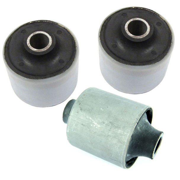 Direct Replacement Front Suspension Radius Arm Bush Kit for Discovery 2, image showing three bush components including two white rubber bushings and one metallic bush in a close-up view.