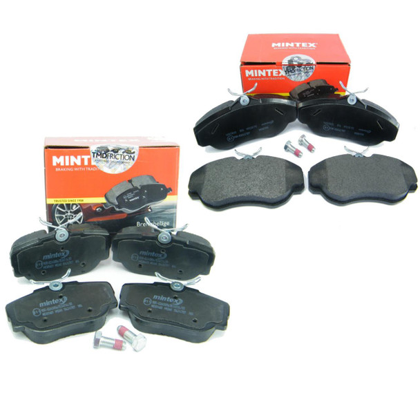 Mintex Front & Rear Brake Pad Kit MINTEX for Discovery 2 Td5, image showing new brake pads with packaging and mounting accessories.