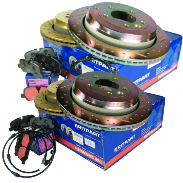 EBC Britpart Performance Drilled and Grooved Brake Discs & EBC Brake Pad Kit for Discovery 4, set of drilled and grooved brake discs with brake pads and hardware for improved braking performance.