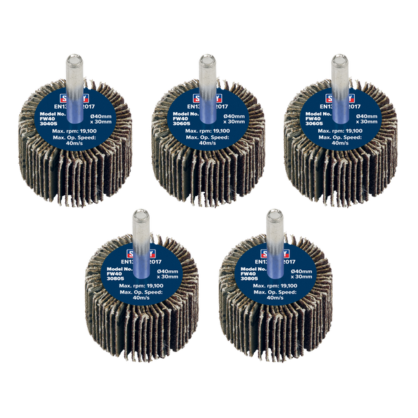 40 x 30mm Abrasive Flap Wheel with 6mm Shaft Assorted Grit - Pack of 5