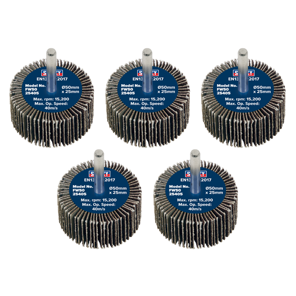 50 x 25mm Abrasive Flap Wheel with 6mm Shaft 40Grit - Pack of 5