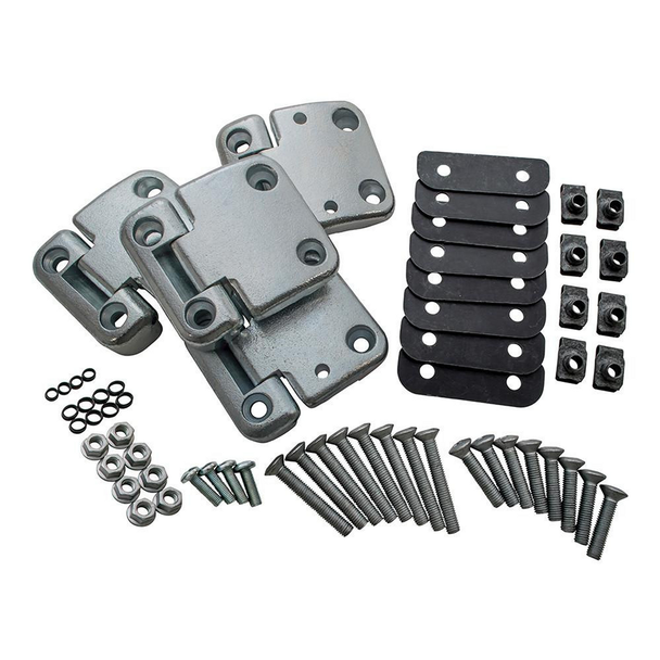 Britpart Front Door Hinge Kit - DA1070 for Defender, car door hinge replacement kit with metal hinges, rubber bushings, screws, nuts, and washers for vehicle door repair.