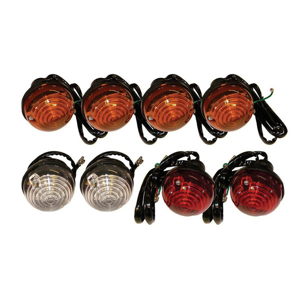 Britpart Light Lamp Kit 73mm Round, set of four amber and two clear round signal lights with wiring for Defender and Series vehicles.