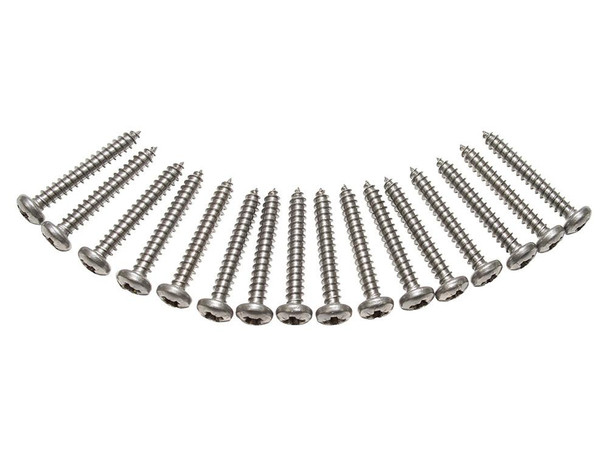Britpart Stainless Steel Light Lens Screw Kit Up To 1994 for Defender, a set of stainless steel screws for light lens assembly with flat heads arranged in a semi-circle on a white background.