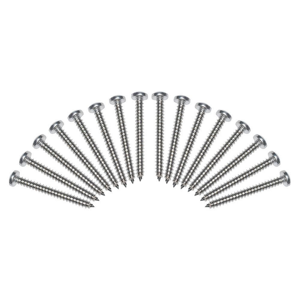 Britpart Stainless Steel Light Lens Screw Kit 1995> for Defender, image of multiple stainless steel screws arranged in a semi-circle.
