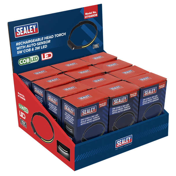 Rechargeable Head Torch with Auto-Sensor 5W COB & 3W LED - Display Box of 12