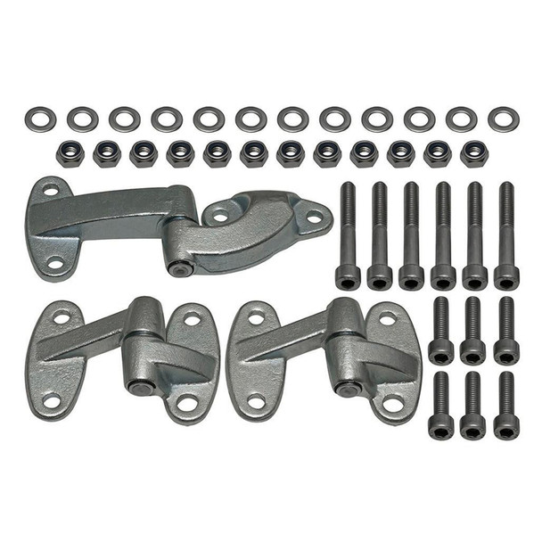 Britpart Rear End Door Hinge Kit With Stainless Steel Fittings for Defender, including hinges, bolts, nuts, and washers, for vehicle door repair.
