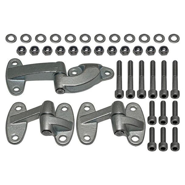Britpart Rear End Door Hinge Kit With Stainless Steel Fittings for Defender, including hinges, bolts, nuts, and washers, for vehicle door repair.