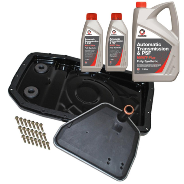 Automatic Gearbox Easy Change Filter Kit with Comma MVATF for Range Rover L322, including filter components and oil bottles.