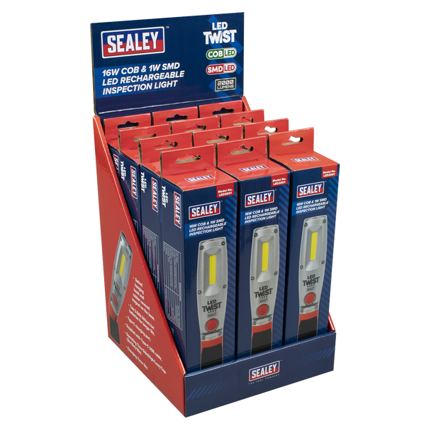 LED Twist Rechargeable Inspection Light 16W COB & 1W SMD LED - Display Box of 12