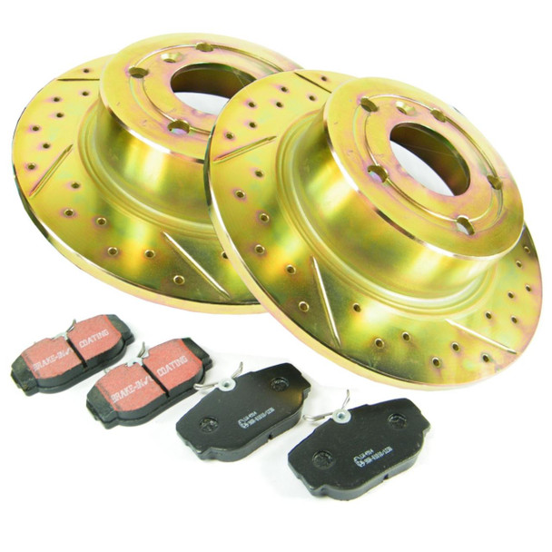 EBC / Britpart Performance Drilled Rear Brake Disc & EBC Pad Kit for Discovery 2, metallic drilled brake discs with pads, brake components for vehicle safety.
