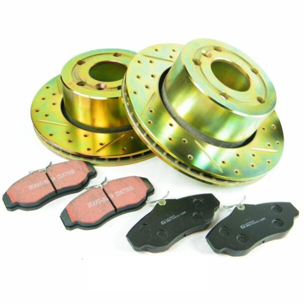 EBC / Britpart Performance Drilled Front Brake Disc & EBC Brake Pad Kit for Discovery 2, set of drilled brake discs and brake pads with anti-squeal features.