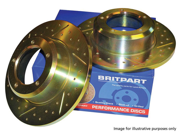 Britpart Rear Solid Brake Discs Drilled and Grooved Performance Upgrade for Range Rover L322, metallic brake discs with drilled and grooved design for enhanced performance.