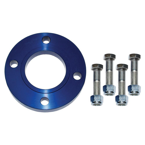 Britpart 15mm Propshaft Spacer Kit for Defender, Discovery 1, and Range Rover Classic, blue spacer plate with four bolts.