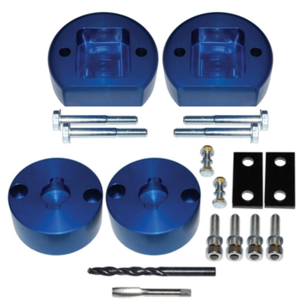 Britpart Font & Rear Spring Spacer 40mm Lift for Discovery 2, blue spacers with mounting hardware and bolts for vehicle suspension lift upgrade.