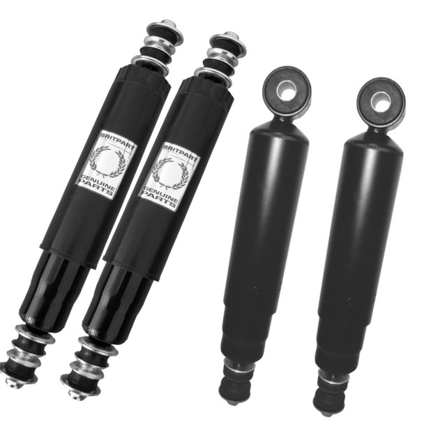 Direct Replacement Shock Absorber Set Heavy Duty HD Front & Rear for Defender, image showing black shock absorbers with metal components and labels indicating genuine parts.