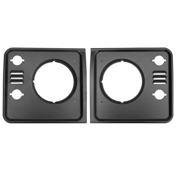 Direct Replacement Style Headlamp Surround Upgrade Kit for Defender Td5, black headlamp surround panels with circular cutouts and mounting holes for Defender Td5 vehicles.