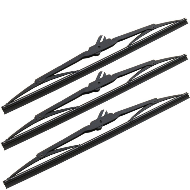 Direct Replacement Wiper Blade Set Front & Rear for Defender, black wiper blades with frame and rubber edge for improved visibility.