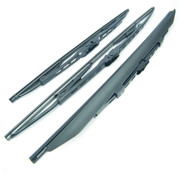 Direct Replacement Windscreen Wiper Blade Set Front & Rear for Discovery 1, showing a set of two front wiper blades and one rear wiper blade, designed for easy installation on Discovery 1 vehicles.