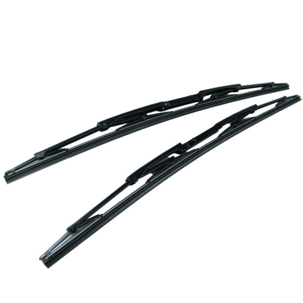 Direct Replacement Windscreen Wiper Blade Set for Discovery 2, pair of black wiper blades with metal arms designed for vehicle replacement.