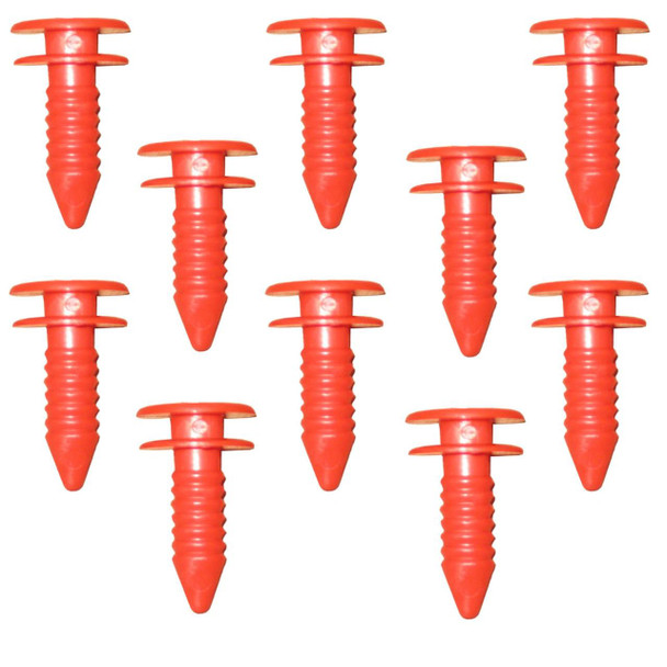 Product: Rear Tailgate Door Trim Stud Fasteners, image features a set of 10 red plastic fasteners used for Discovery 1 & 2 rear tailgate door trim replacement.