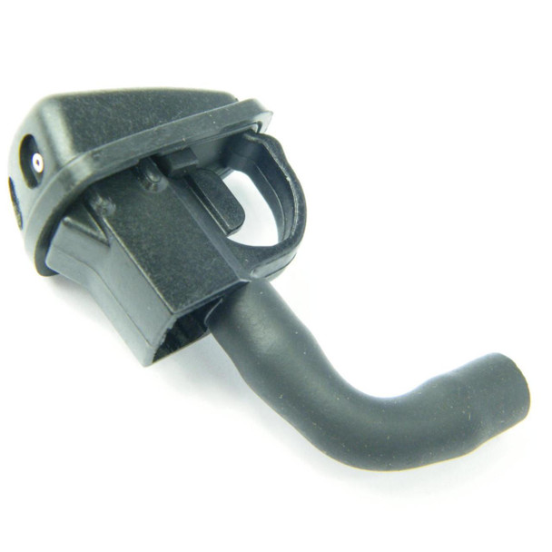 Direct Replacement Windscreen Washer Jet Nozzle for Range Rover P38, a black plastic nozzle with a curved tube and mounting base for windshield cleaning.