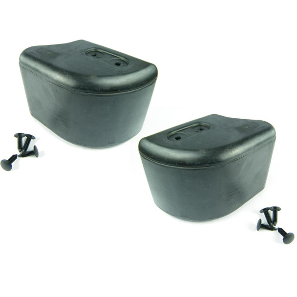 Direct Replacement Front Bumper Rubber Corner End Caps x2 With Clips for Defender, black rubber corner end caps with mounting clips and screws for Defender vehicle bumper repair.