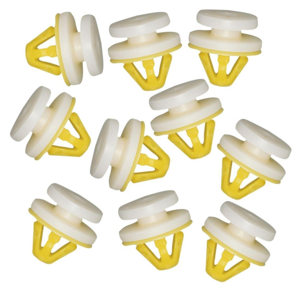 Direct Replacement Body Side Moulding Wheel Arch & Trim Panel Clips, set of 10 yellow and white clips for Discovery 3 & 4.