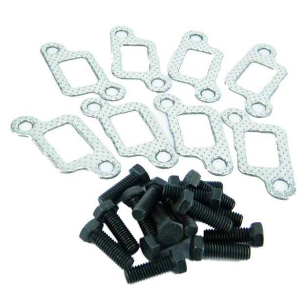 Direct Replacement Exhaust Manifold Gasket & Bolt Set for Defender & Range Rover 3.5 V8, image showing gaskets and bolts for vehicle engine repair.