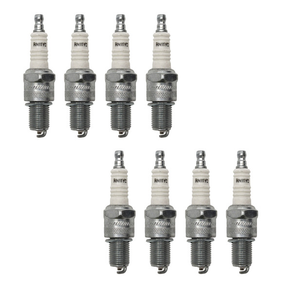 Direct Replacement Spark Plug CHAMPION RN11YC X8, four spark plugs with packaging for Range Rover P38 and Discovery V8 engines.