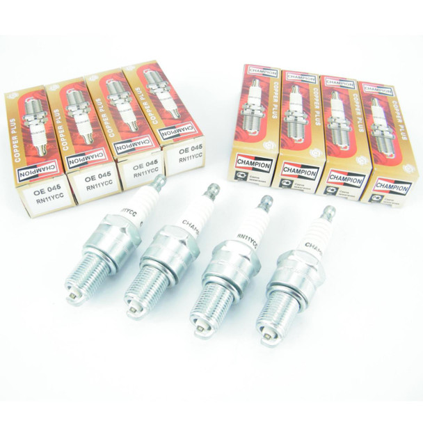 Direct Replacement Spark Plug CHAMPION RN11YC X8, four spark plugs with packaging for Range Rover P38 and Discovery V8 engines.