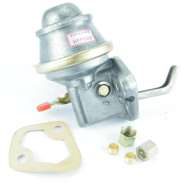 Direct Replacement Defender Discovery 300TDi Diesel Fuel Lift Pump Delphi OEM, image of a metallic diesel fuel lift pump with mounting hardware and gasket.