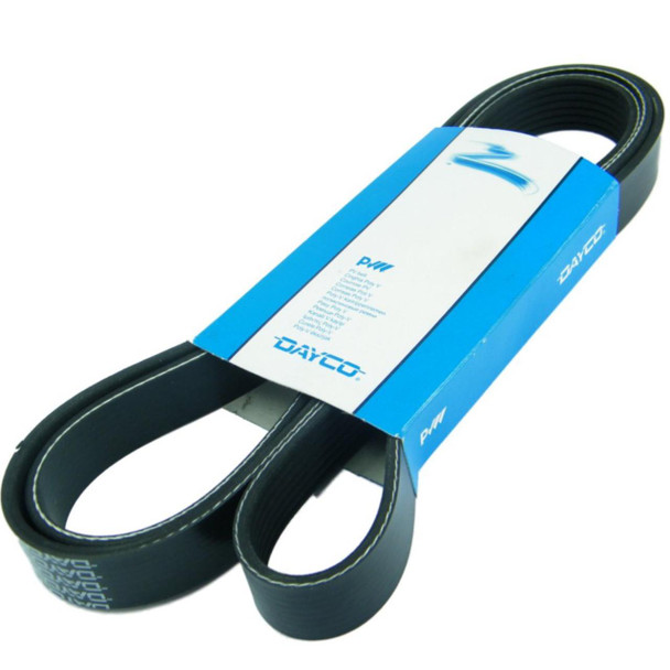 Dayco Fan Drive Belt 1996 Onwards DAYCO OEM for Discovery 1 & Defender 300TDi, black serpentine belt coiled inside blue packaging. Dayco Fan Drive Belt 1996 Onwards DAYCO OEM for Discovery 1 & Defender 300TDi, black serpentine belt coiled inside blue packaging.