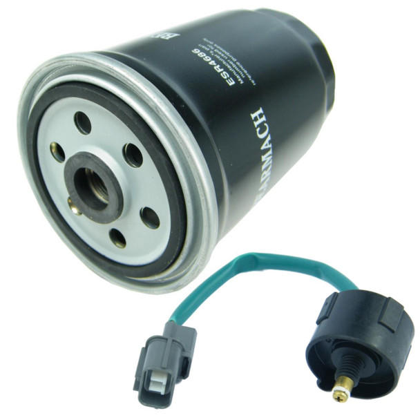 Direct Replacement Diesel Fuel Filter & Water Sensor for Discovery 2 Td5, black cylindrical fuel filter with metal top and water sensor with electrical connection