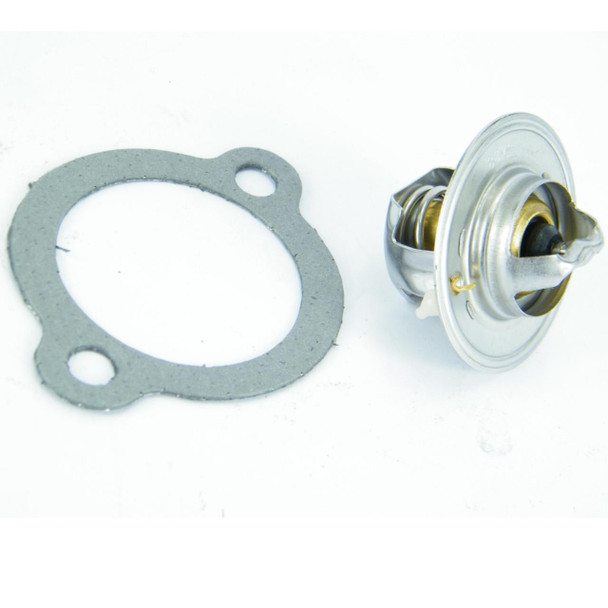 Product: Direct Replacement Thermostat & Gasket for Range Rover Defender Discovery 1 3.5 / 3.9 / 4.0 V8, image shows a metal thermostat with a spring and a gasket for engine cooling system.