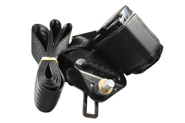 Direct Replacement Front Right Seat Belt Assembly for Defender Td5 Hardtop (2001-2006), black vehicle seatbelt with retractor mechanism and mounting hardware.