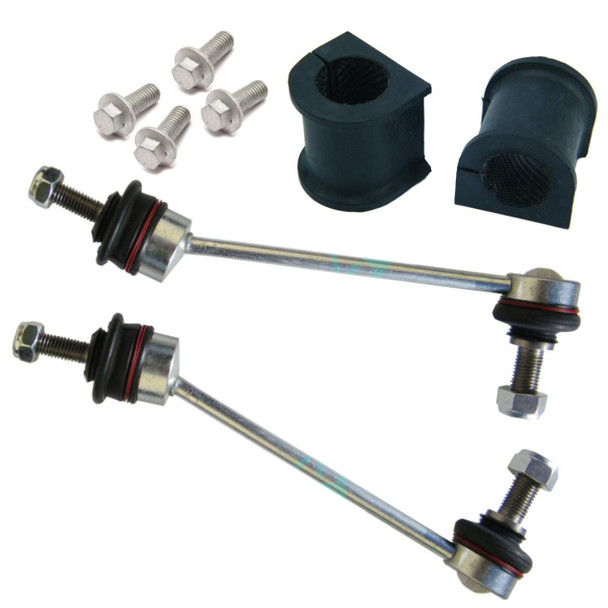 Direct Replacement Front Anti Roll Bar ARB Repair Kit Bushes Links & Bolts for Freelander 1, car suspension repair components with bolts, rubber bushings, and stabilizer links.