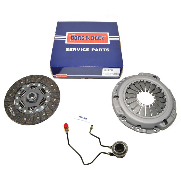 Borg & Beck Clutch Kit Borg & Beck With Slave Cylinder & Bearing for Freelander 1 Td4, automotive clutch kit components including clutch disc, pressure plate, slave cylinder, and release bearing.