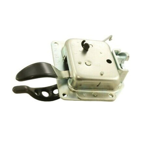 Direct Replacement Rear Door Handle Latch Without Central Locking for Defender, close-up of a metal car door latch with black handle and mounting plate.