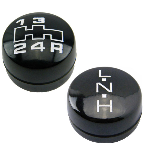 Direct Replacement Gear Knob Set 4 Speed & Hi for Range Rover Classic, black gear shift knobs with white shift pattern and 'H' and 'L' labels.