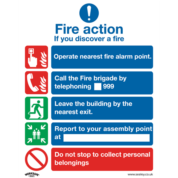 Worksafe® Fire Action Without Lift Safety Sign, Rigid Plastic - Pack of 10