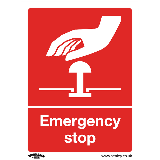 Worksafe® Emergency Stop Safety Sign, Self-Adhesive Vinyl - Pack of 10