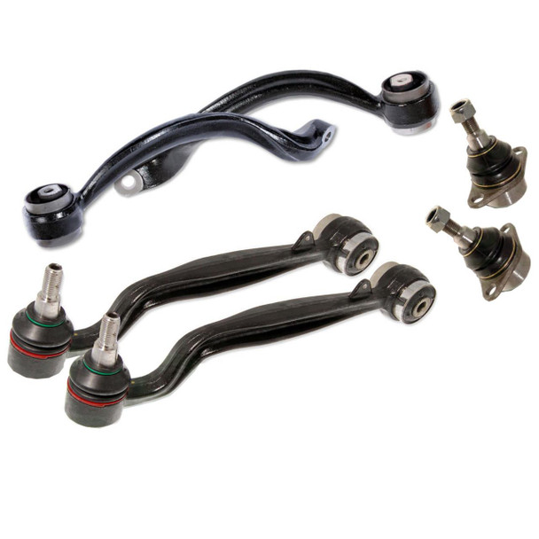 Product: Front Suspension Control Arm Kit for Range Rover L322, image shows black upper and lower control arms with ball joints included. Product: Front Suspension Control Arm Kit for Range Rover L322, image shows black upper and lower control arms with ball joints included.